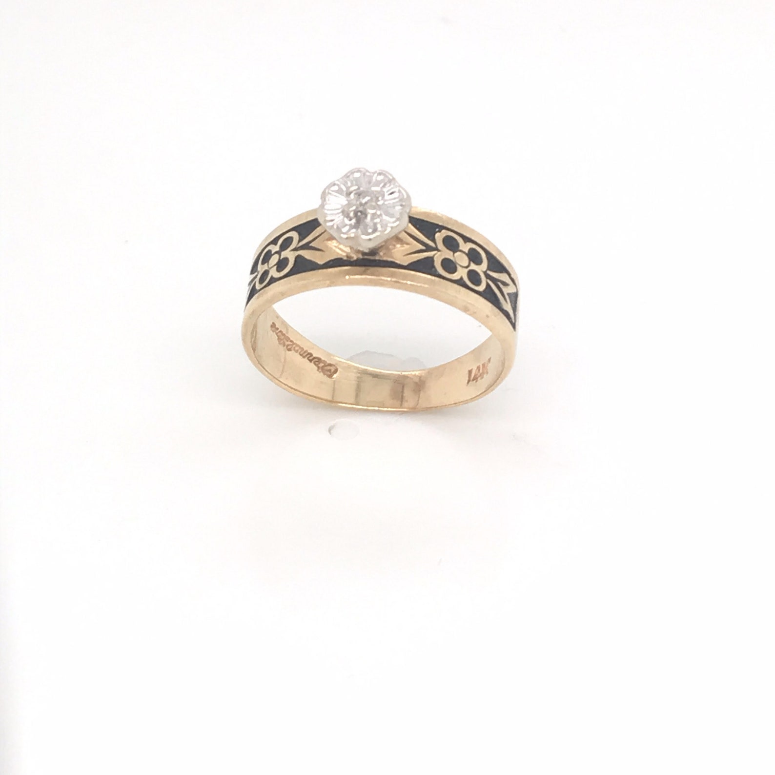 Antique Diamond Engagement ring with carved black enamel Etsy