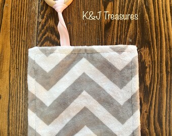 Chevron Minky Crinkle Teether Baby Wood Ring Gray Pink White