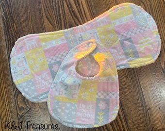 Baby Bib & Burp Rag Set Pink Yellow Girl