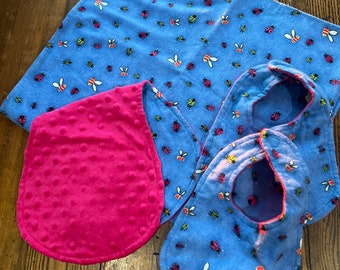 Baby Bibs, Burp Rag & Receiving Blankets Set of 5 Blue Bugs Pink