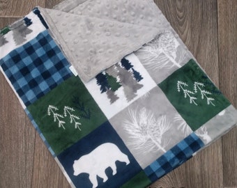 Navy Plaid Woods Minky Blanket Cuddle Blanket  Woodland Animal Shannon Fabrics