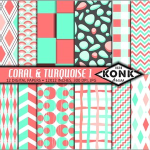 Coral & turchese 1 2 Digital Scrapbook Paper Pack - 12 carte, 300dpi, JPG