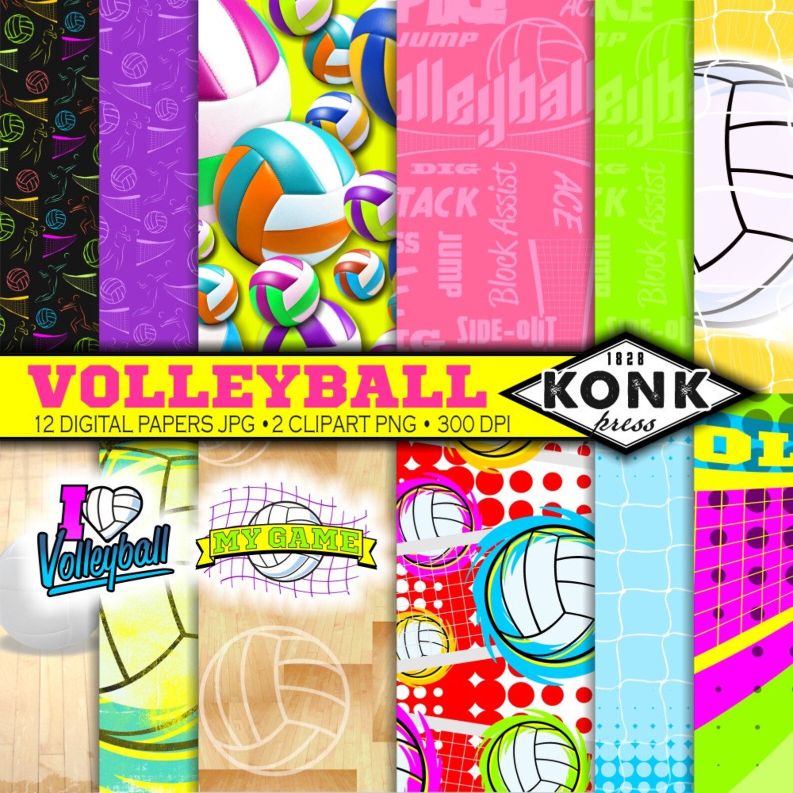12 Digital Papers Volleyball Theme 2 Clipart Pieces in Png Etsy