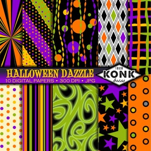 10 Digital Halloween Dazzle Papers colorato, disegni divertenti, JPG, 300 dpi, 12x12 pollici
