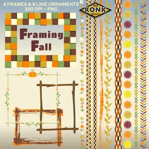 Herfst herfst thema - 4 Frames & 9 lijn grens ornamenten, PNG, 300 dpi