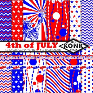 12 4 ° di luglio Digital Scrapbook Papers e 2 bordi, JPG, 300 dpi, 12 x 12 pollici