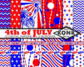 12 4th of July Digital Scrapbook Papers and 2 borders, JPG, 300 dpi, 12x12 inches