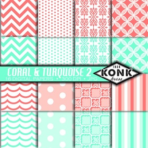 Coral & turchese 2 2 Pack carta Scrapbook digitale - 16 articoli, 300 dpi, JPG