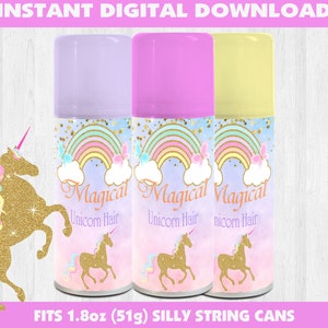 Puede incluir: Tres botes de serpentina "Magical Unicorn Hair" en colores pastel. Cada bote presenta una ilustración de unicornio, un arcoíris y texto. Los botes están diseñados para botes de serpentina de 51 g. El texto "Instant Digital Download" está en la parte superior.