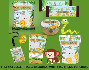 Jungle Birthday Party, FREE BACKDROP with 250 Purchase, Safari Birthday, Jungle Water Labels, Jungle Chips, Jungle Animals Coloring Book