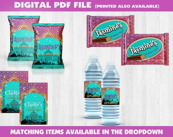 May include: Digital PDF file with matching items. The image shows party favors including snack bags, candy bars, water bottle labels, and invitation cards. The items feature a teal and gold Arabian Nights theme with the text "Jasmine's" and "Claire's".