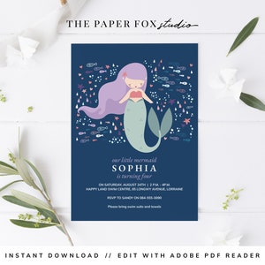 Printable Mermaid Birthday Invitation, Editable 5x7" Purple Hair & Green Tail Mermaid Party Invite, Modern Under the Sea Party Invite, 0123