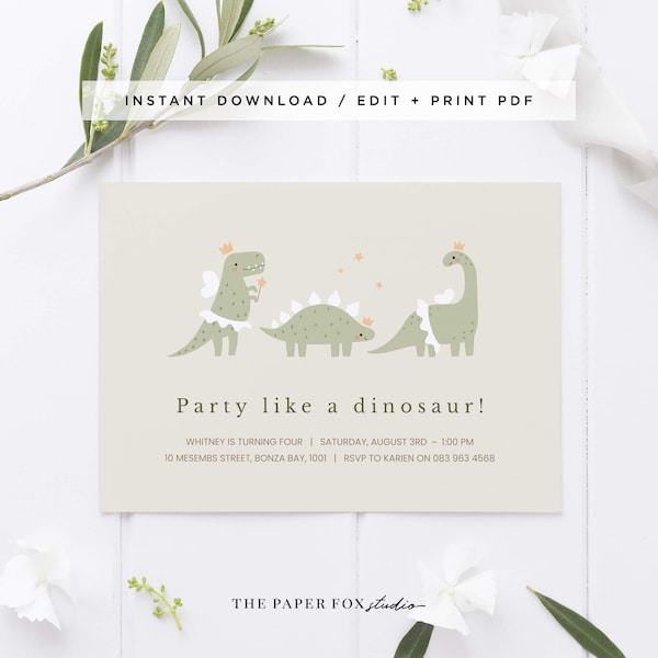 Printable Dancing Dinosaur Parade Invitation, Editable PDF Soft Green Ballerina Dinosaur Invite, 5x7" Dinosaur Fairy Princess Invite, 0127DG