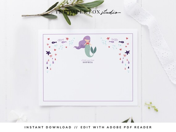 Printable Mermaid Thank You Notes Editable Under the Sea - Etsy