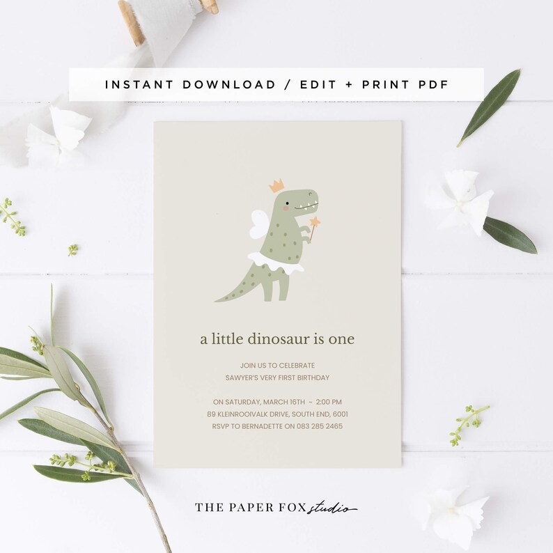 Printable Dancing Dinosaur Invitation Editable PDF Fairy Dinosaur Party Invite 5x7 Neutral TRex Princess Birthday Invitation