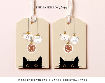 Printable Black Cat with Bauble Illustration Christmas Tags, Instant Download Gift Tags, Minimal Modern Boho Christmas Tags Designs