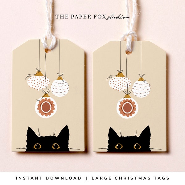 Printable Black Cat with Bauble Illustration Christmas Tags, Instant Download Gift Tags, Minimal Modern Boho Christmas Tags Designs