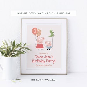 Printable Little Piggy Birthday Welcome Poster, 12x15" Editable PDF Piglet Party Sign, 5x7" Adorable Pig Birthday Party Décor, 0190