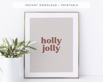 Holly Jolly Christmas Art Print, Neutral Christmas Typography Wall Art, Printable Christmas Wall Art, Instant Download Holiday Décor