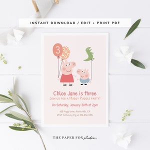 Printable Little Piggy Birthday Invitation, Editable PDF Cute Piglet Party Invites, 5x7" Adorable Pig Siblings Birthday Party Invite, 0190