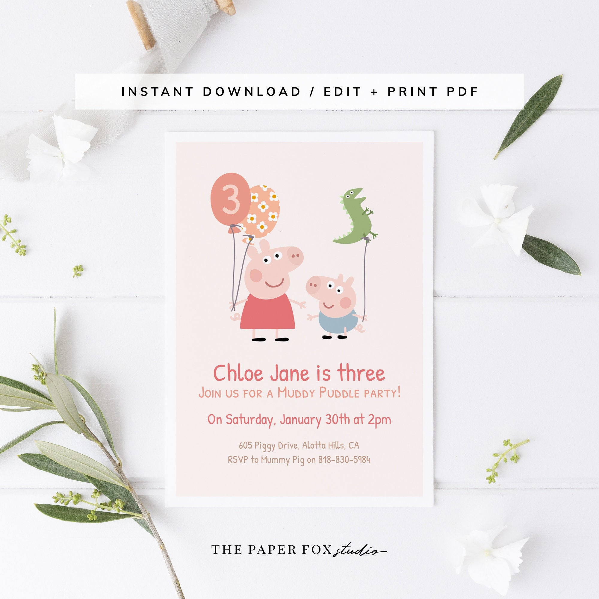 Peppa Pig Birthday Invitation, Peppa Pig Invitation, Peppa Pig Party  Invite, Piggy Party Editable Instant Download 
