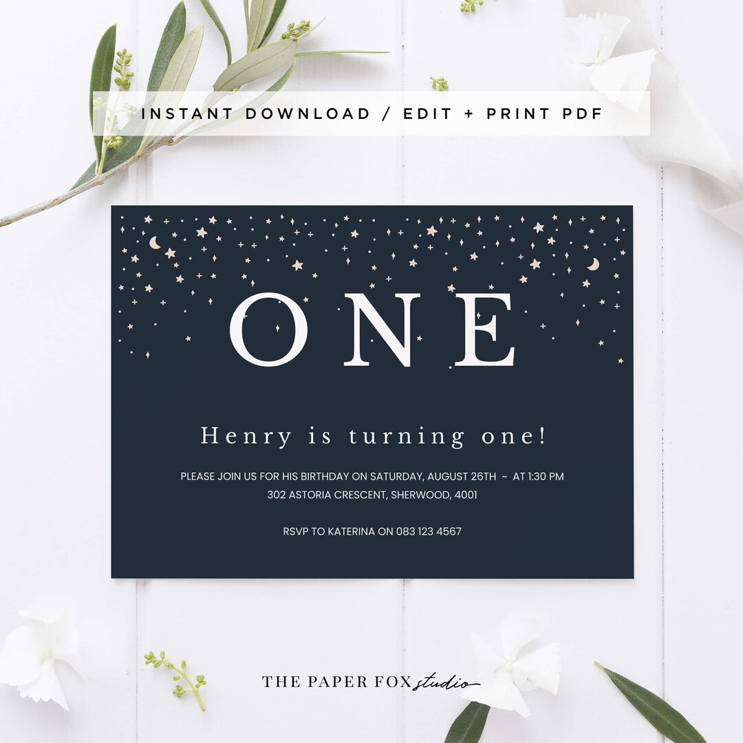 Printable Moon &amp; Stars Invitation, Editable PDF Navy Blue Boho Stars ...