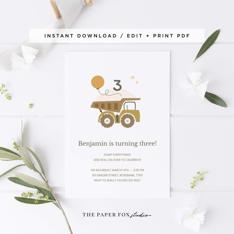 Printable Construction Truck Invitation Editable PDF Dump Truck Party Invites 5x7 Modern Construction Vehicle Birthday