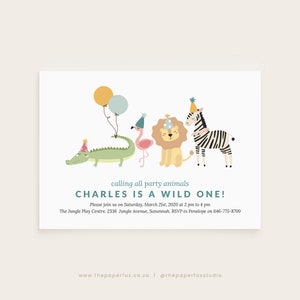 Printable Animal Fair Invitation, 5x7&quot; Editable PDF | Circus Animal Parade Birthday Party Invite, Wild One First Birthday Invite, 0175B
