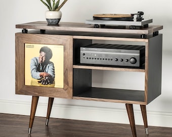Mid Century Modern Record Player Stand & Vinyl Storage Cabinet With Drawer