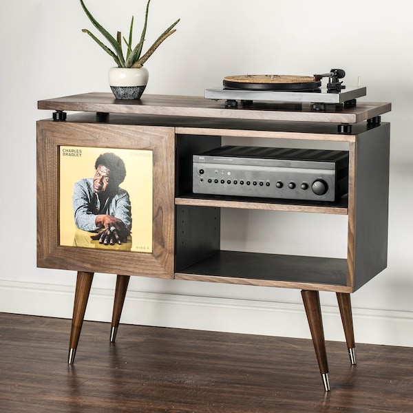 Mid Century Modern Record Player Stand & Vinyl Aufbewahrungsschrank mit Schublade