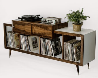 Riviera 80" Offset - Mid Century Modern Record Player Stand & Vinyl Storage Cabinet