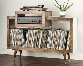Mid Century Modern Walnut Record Player Stand, Vinyl Storage Cabinet
