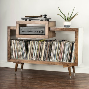 Mid Century Modern Walnut Record Player Stand, Vinyl Storage Cabinet