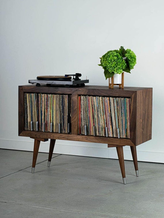 Mid Century Modern Walnut Record Player Stand, Vinyl Storage Cabinet 