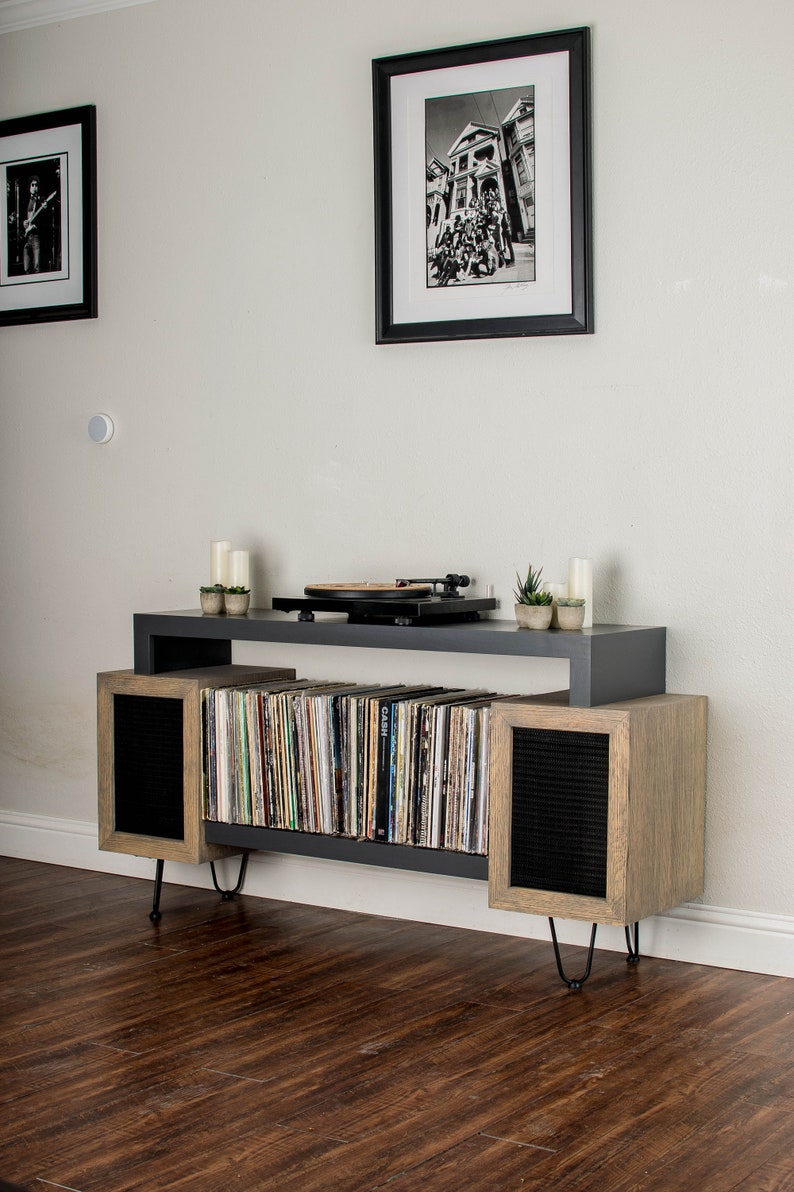 Record Player Stand w/ hidden bookshelf speaker storage 