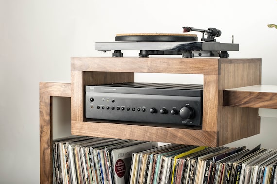 Mid Century Modern Walnut Record Player Stand, Vinyl Storage Cabinet 