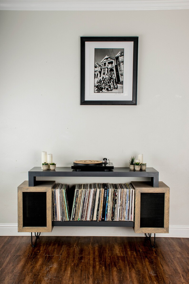 Record Player Stand w/ hidden bookshelf speaker storage Etsy