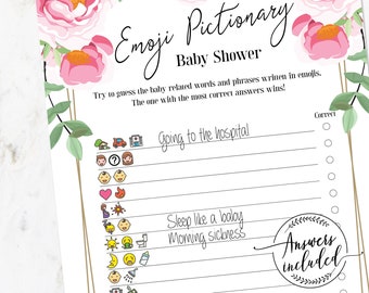 Baby Shower Emoji Pictionary | Peony Watercolor | Emoji Pictionary Baby Game | Printable | Instant Download | Emoji Game