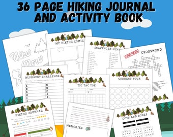 May include: A 36-page hiking journal and activity book with a colourful cover featuring a hiker, trees, and a tent. The book includes activities such as a scavenger hunt, connect four, tic-tac-toe, crossword puzzle, and a hiking journal.