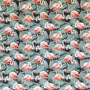 Flamingos on Black Tropical Leaves 100% Cotton Fabric Ships from California Click Item Details image 1