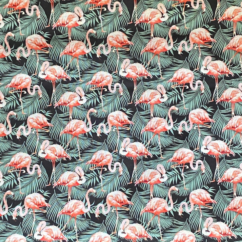 Flamingos on Black Tropical Leaves 100% Cotton Fabric Ships from California Click Item Details image 1