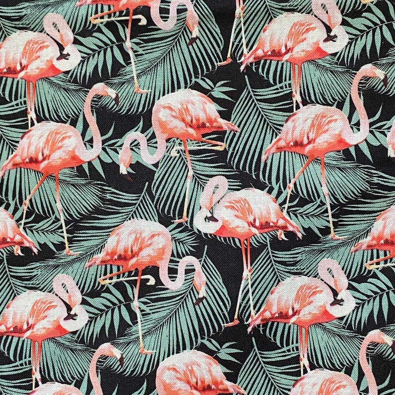 Flamingos on Black Tropical Leaves 100% Cotton Fabric Ships from California Click Item Details image 2