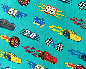 NEW. Disney Cars Racing on Teal 100% Cotton Fabric **Ships from California ##Click Item Details