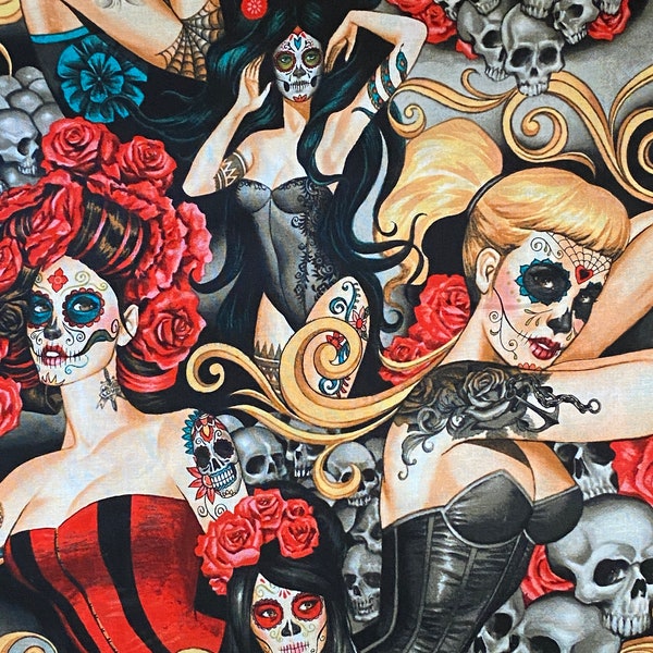 Alexander. Henry Las Elegantes Tattoo Sugar Skull Girls Halloween 100% Cotton Fabric **Ships from California ##Click Item DetailsA