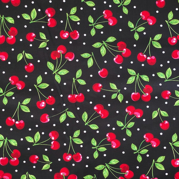 Cherries on Black Polka Dot 100% Cotton Fabric ****Ships from California ##Click Item Details