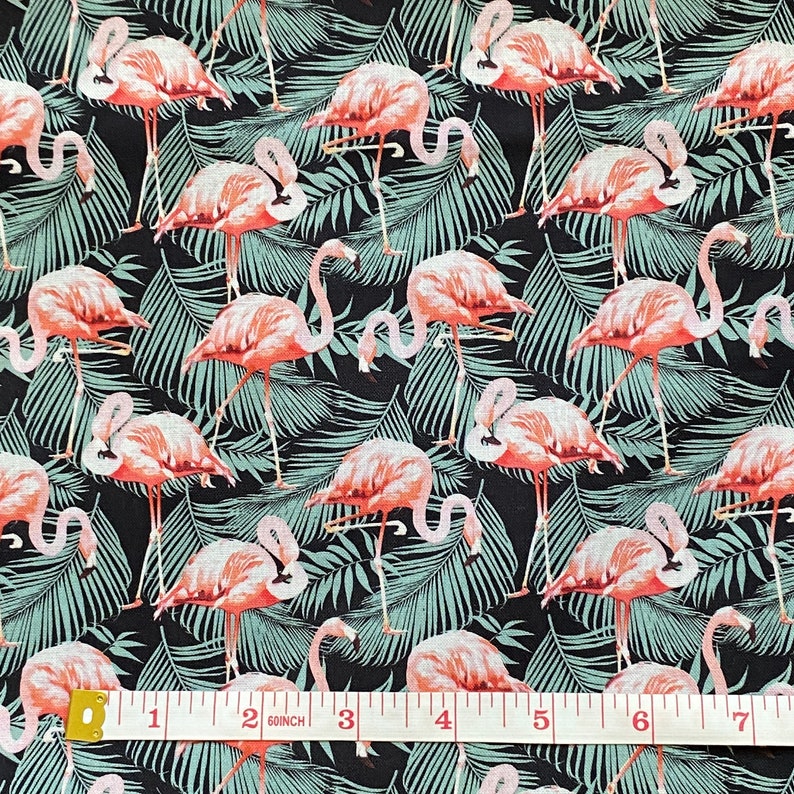 Flamingos on Black Tropical Leaves 100% Cotton Fabric Ships from California Click Item Details image 3