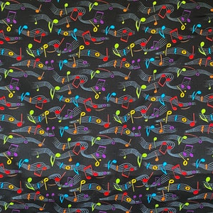 NEW. Rainbow Music Notes on Black 100% Cotton Fabric **Ships from CA ##Click Item Details