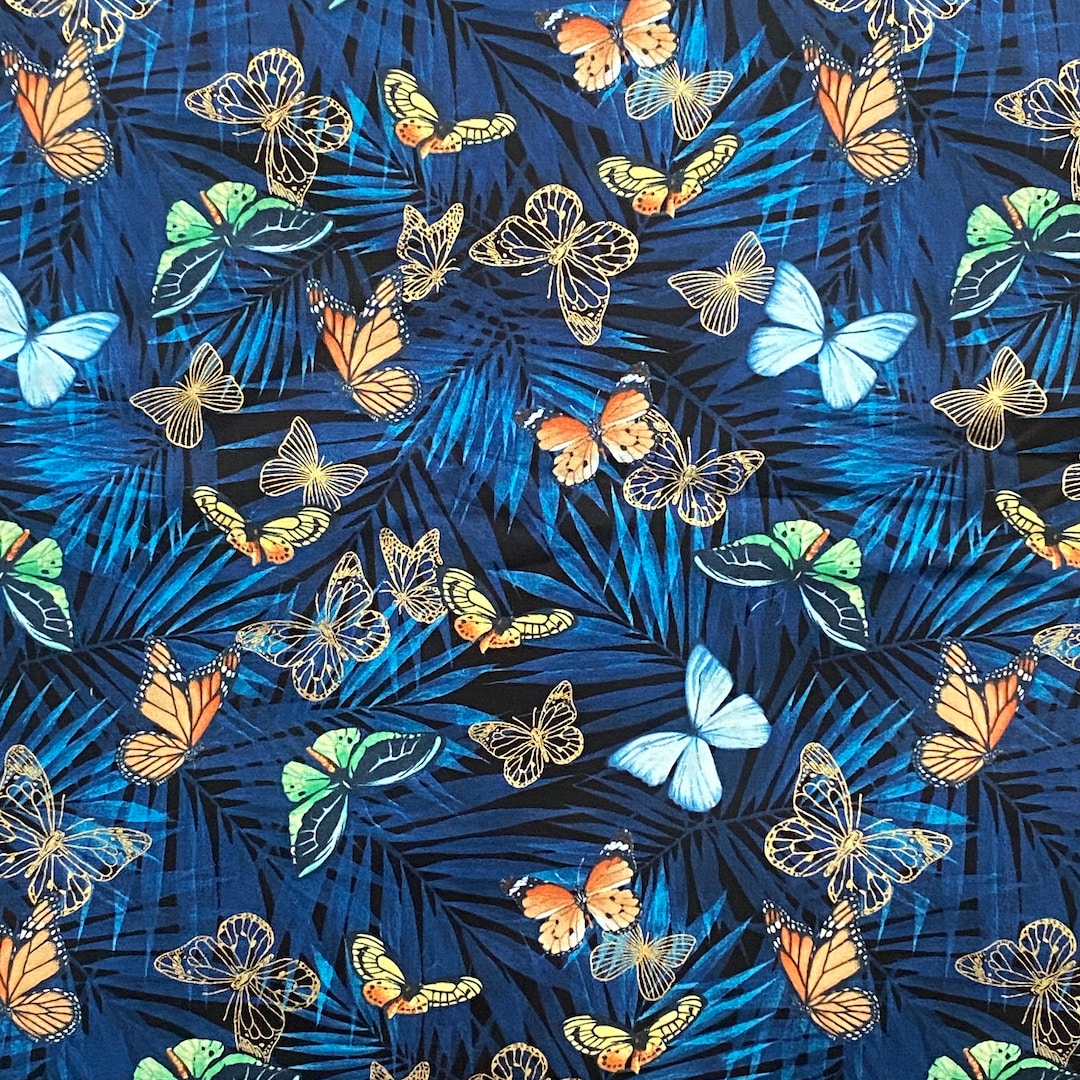 Gold Metallic Butterflies on Blue 100 PREMIUM Cotton Fabric Etsy