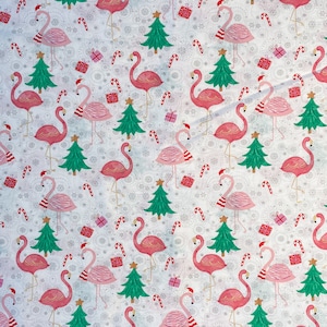 Holiday Flamingos with Presents and Christmas Trees 100% Cotton Fabric **Ships from California ##Click Item Details
