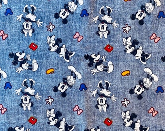 NEW Disney Mickey and Minnie Mouse Denim Look 100% Cotton Fabric **Ships from California ##Click Item Details